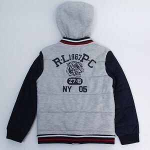 Polo Ralph Lauren Kids Gray Hooded Embossed Logo Blue Sleeve Puffer Jacket,  7